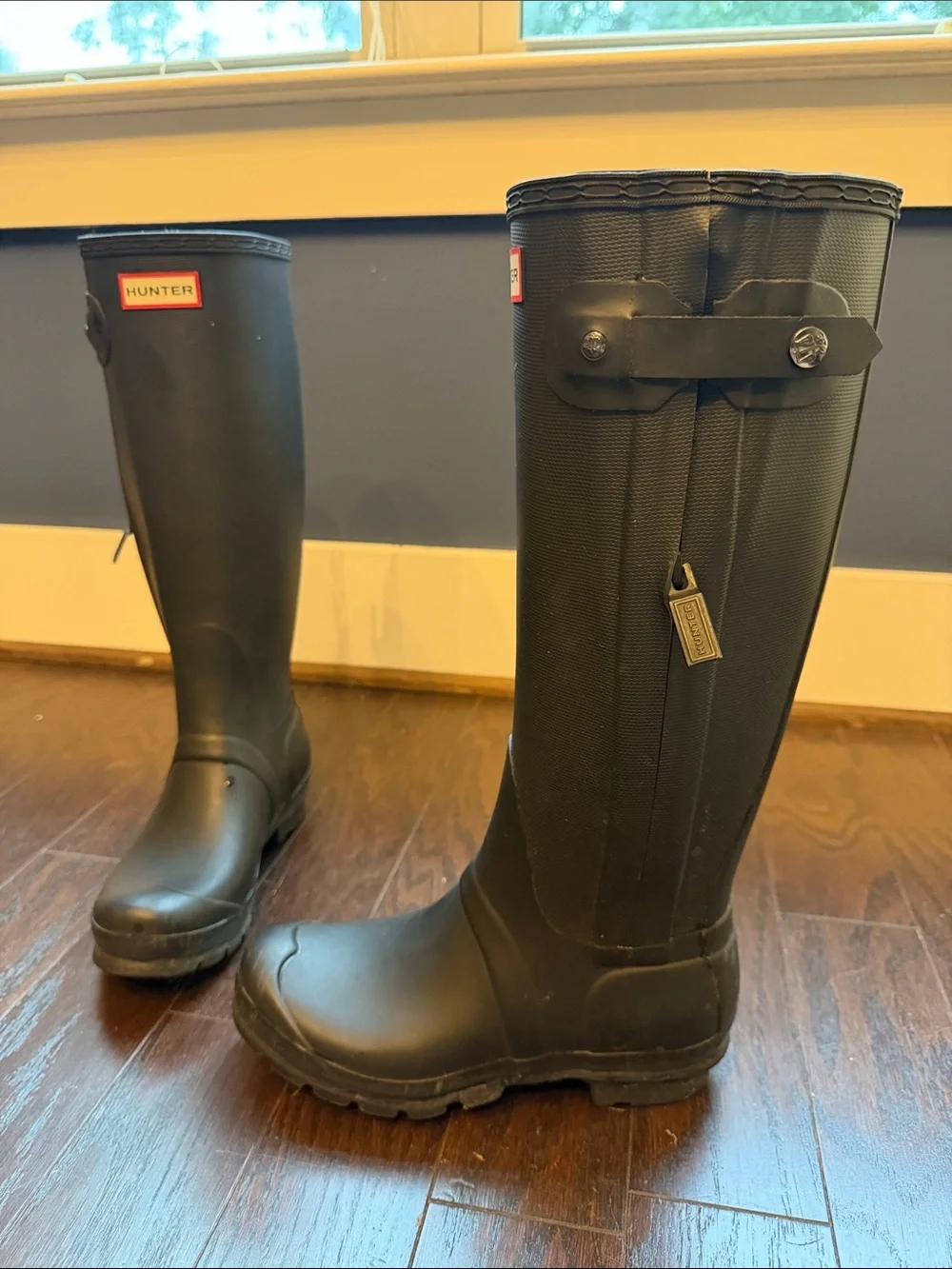 Hunter Black Tall Rubber Rain Boots with Red Logo Accent